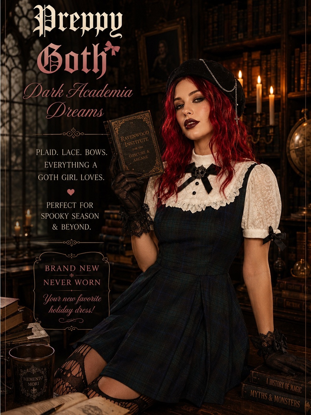 Preppy Goth Dark Academia Plaid Dress with Lace Collar - Large